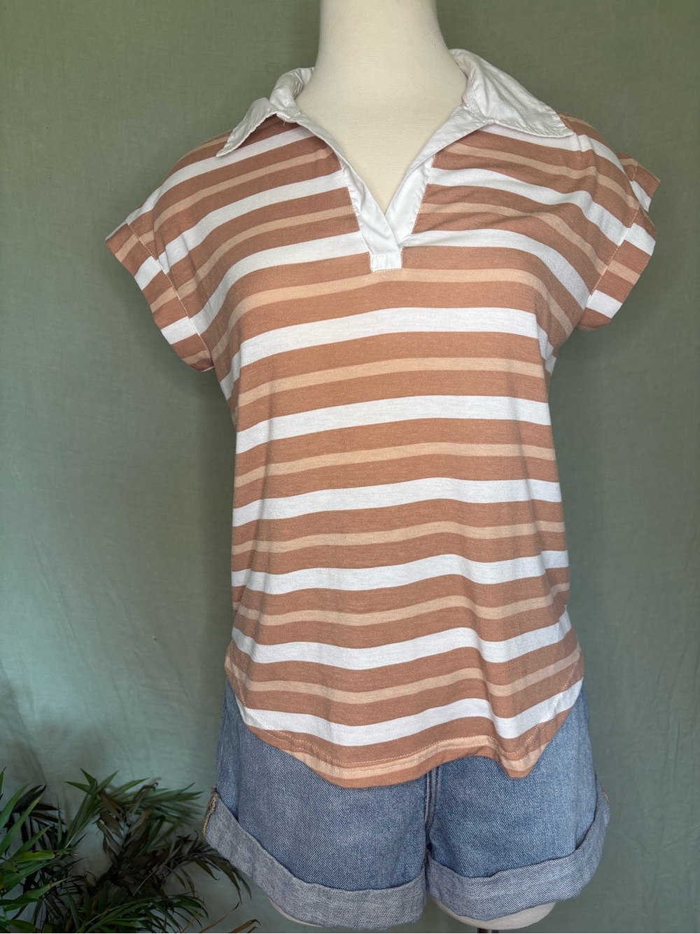 Striped Short-Sleeve Polo Top in Tan and White